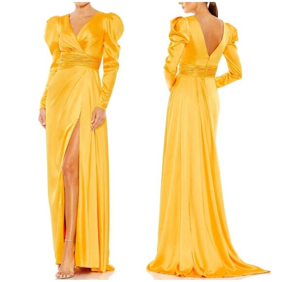Mac Duggal NWT Yellow Faux Wrap Puff Shoulder Long Sleeve A-Line Gown Flaw* Sz 4 - Picture 1 of 12